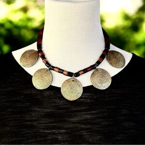Vintage Brass Sun Spiral Disc Necklace w/ Horn & Bone Tuareg Style Made in India